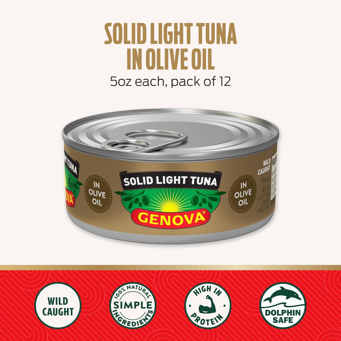 Genova Premium Solid Light Tuna in Olive Oil, 5 Ounce Cans, 12-Pack – Nutrient Rich, High Protein Canned Tuna Fish - Delicious, Easy, Nutritious Ready to Eat Meals
