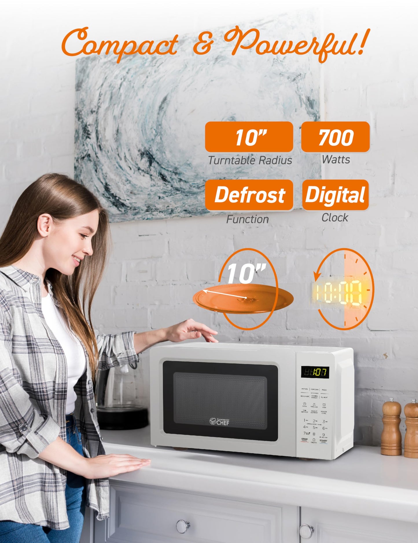 OMMERCIAL CHEF 0.7 Cubic Foot Microwave with 10 Power Levels, Small Microwave with Pull Handle, 700W Countertop up to 99 Minute Timer and Digital Display, White