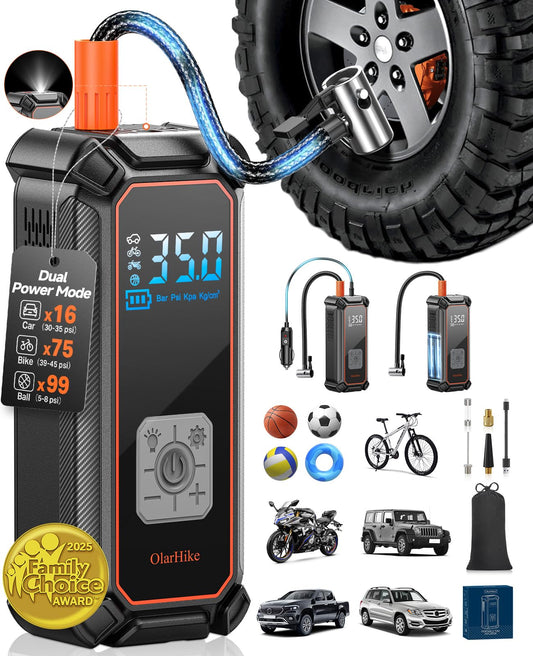 OlarHike Cordless Tire Inflator Portable Air Compressor, 150PSI Dual Power - 5400mAh & 12V DC, Air Pump for Car Tires, Bike, Motorcycle, Bicycle, Electric Pump with LED Light & Digital Pressure Gauge