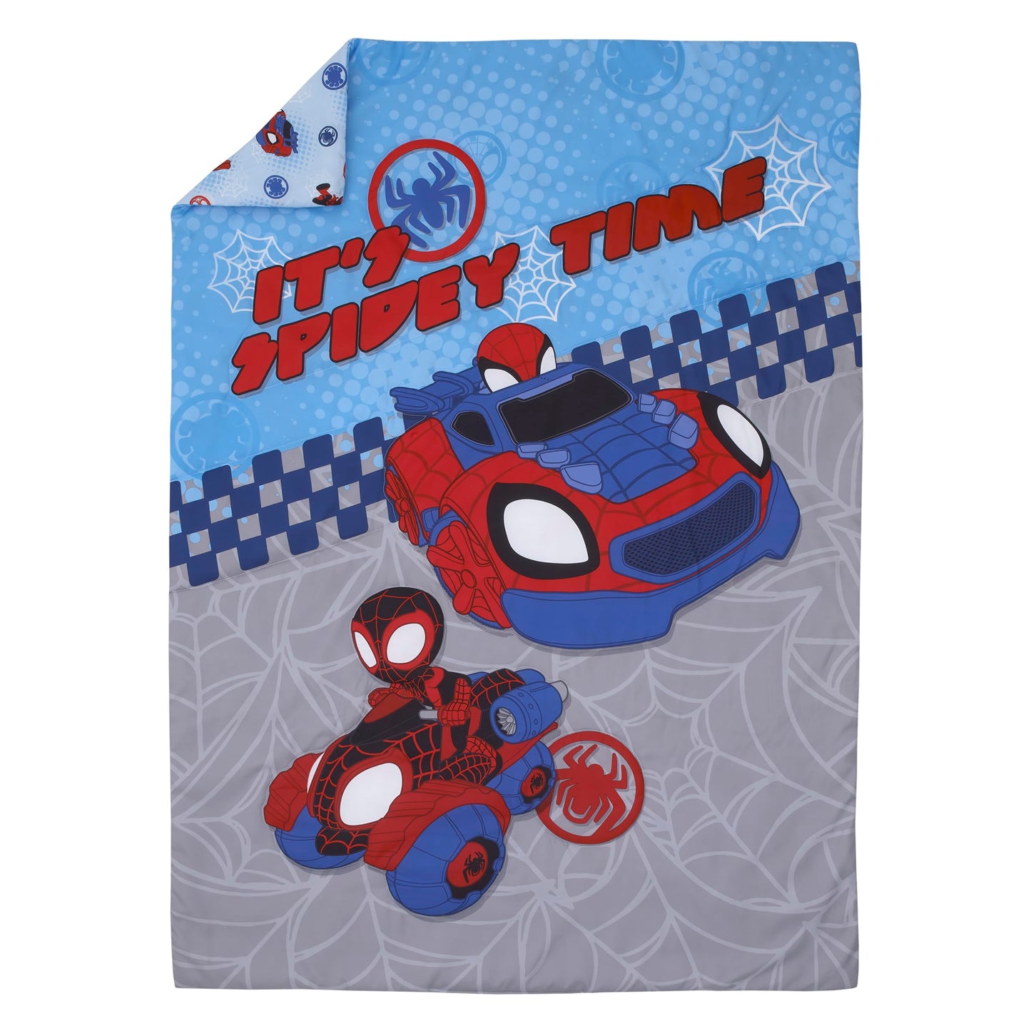 NoJo Marvel Spiderman Spidey and his Amazing Friends Spidey Time Red, Blue, and Grey 4 Piece Toddler Bed Set - Comforter, Fitted Bottom Sheet, Flat Top Sheet, and Reversible Pillowcase