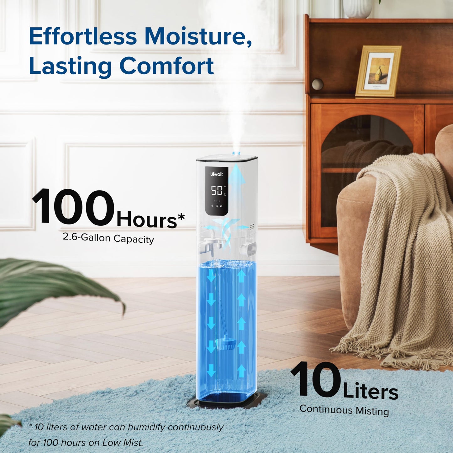 LEVOIT OasisMist 1000S (10L) Smart Humidifier for Home Large Room Bedroom, Last 100 Hours Suitable for Indoor Plant, Cover up to 600ft², Easy Top Fill, Remoter & Voice Control, Auto Mode, Quiet, White