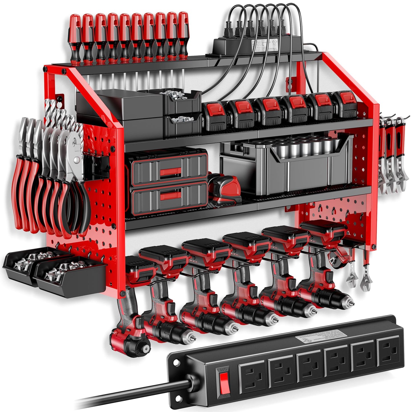 LBT Power Tool Organizer With Charging Station,Patented,Heavy Duty Steel,6 Drilling Rig Sizes With Hooks And Screw Boxes,6 sockets,Easy To Install Garage Storage Rack,Great Gift For Men, Red