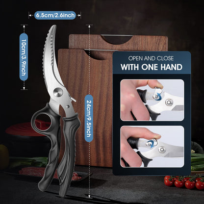 PURPLEBIRD Heavy Duty Poultry Shears, Spring Loaded Kitchen Scissors, Dishwasher Safe Stainless Steel Cooking Scissors, Multipurpose Kitchen Shears for Cutting Chicken and Meat Black