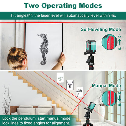 Laser Level, HYCHIKA 50 Feet Cross Line Laser with Dual Modules, Self Leveling Laser Level, Switchable Self-Leveling Vertical and Horizontal Line Construction Picture Hanging, Battery Included