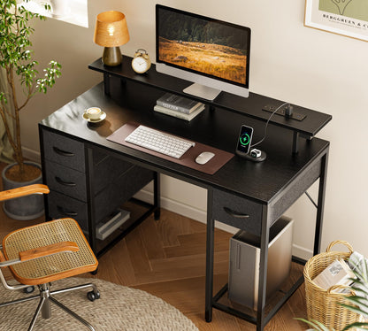 Huuger 47 inch Computer Desk with 4 Drawers, Gaming Desk with LED Lights & Power Outlets, Home Office Desk with Large Storage Space for Bedroom, Work from Home, Black