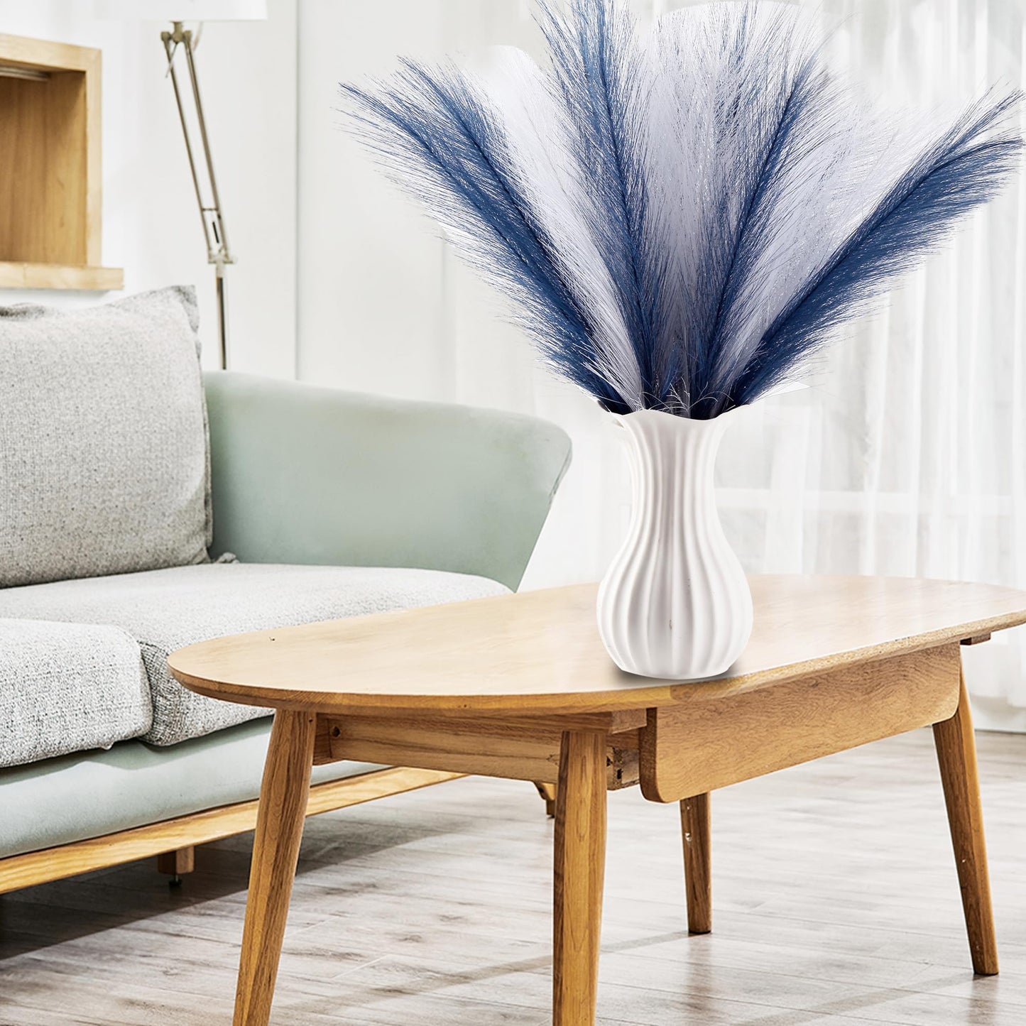 Acfruits Blue and White Pampas Grass Decor, 30 Pcs 17" Faux Pampas Grass Short Decor, Pompas Grass Flower Arrangement and Vase Filler for Boho Home Wedding Decoration