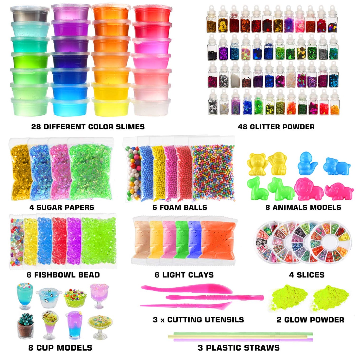 126 Pcs DIY Slime Making Kit for Girls Boys - Birthday Idea for Kids Age 5+. Ultimate Supplies Include 28 Crystal Slime, 2 Glow in The Dark Powder, 48 Bottle Glitter Jar etc.