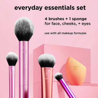 Real Techniques 5 Piece Everyday Essentials Makeup Brush Set, Includes 4 Brushes & Makeup Sponge, For Foundation, Blush, Bronzer, Contour, Eyeshadow, & Powder, Travel Gift Set, Cruelty-Free & Vegan