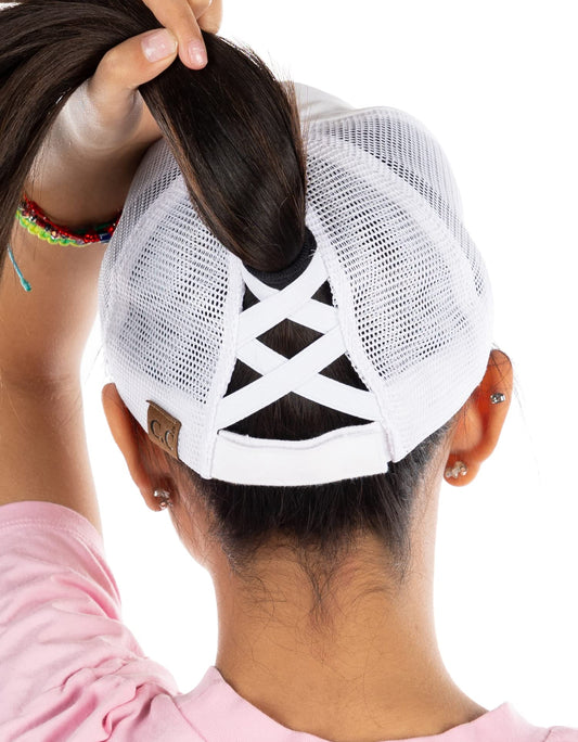 Funky Junque Criss Cross Ponytail Hat Funny Messy Bun Ball Cap for Women Distressed Vintage Baseball Cap - White (Distressed)