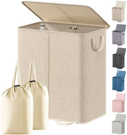 Lifewit Double Laundry Hamper with Lid and Removable Laundry Bags, Large Collapsible 2 Dividers Dirty Clothes Basket with Handles for Bedroom, Laundry Room, Closet, Bathroom, College, 136L Beige