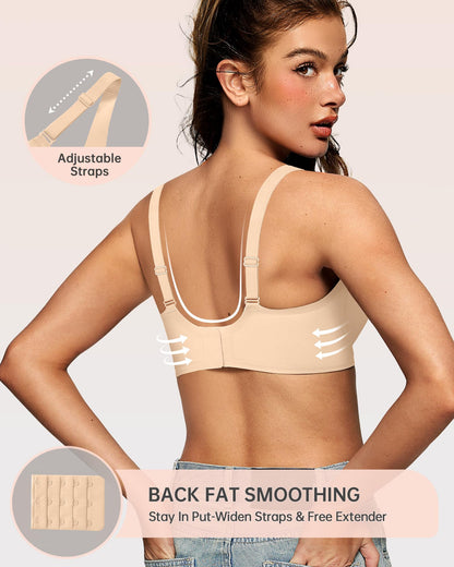 OEAK Womens Deep V Bras Wireless Comfortable Bra Supportive No Underwire Bras Tshirt Push Up Bralettes Plunge Seamless Bra Beige XS