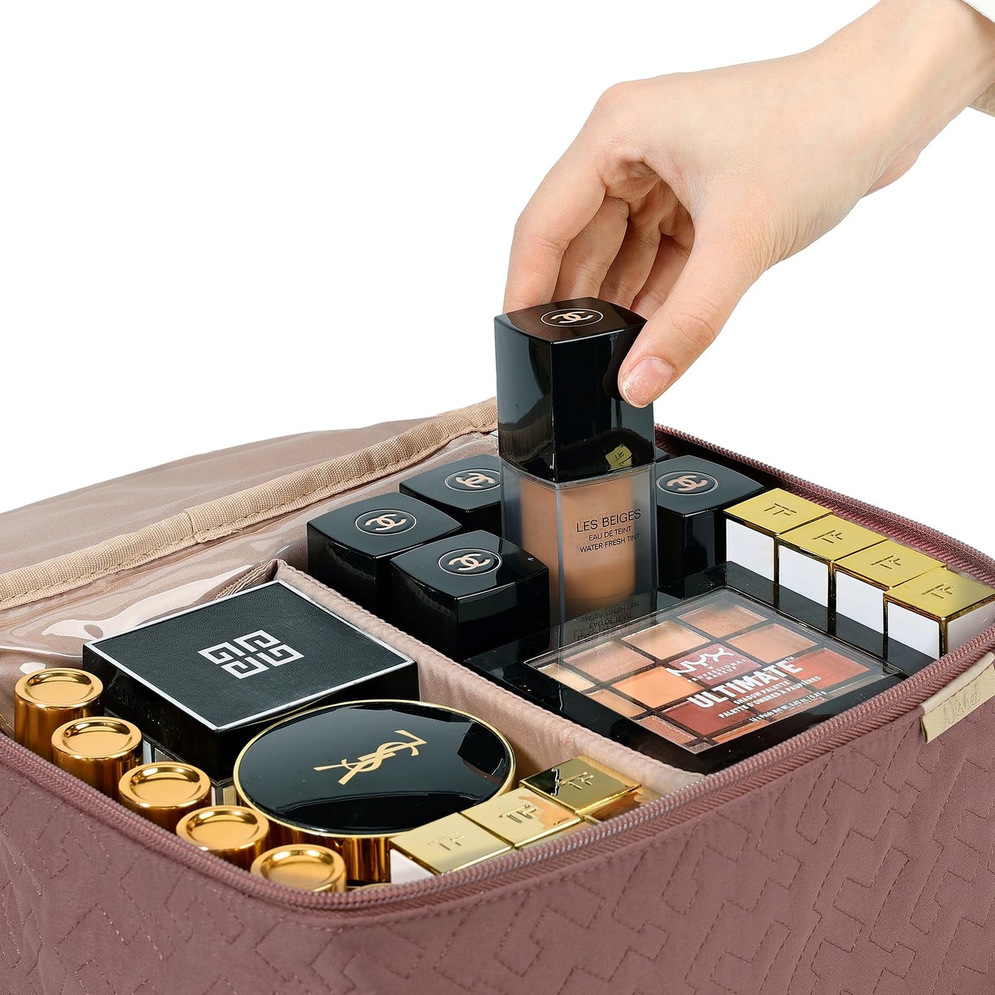 NISHEL Large Double Layer Travel Makeup Bag Women, Large Cosmetic Case, Organizer for Travel-Size Accessories Bottles, Brushes, Conditioner, and Skin Care Products, Rose-wood Pink