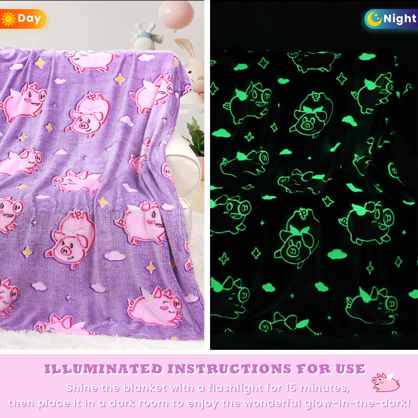 MIBOI Pig Gifts for Girls Glow in The Dark Pig Blanket for Kids Cute Pink Toy Animal Blanket Decor Birthday Christmas