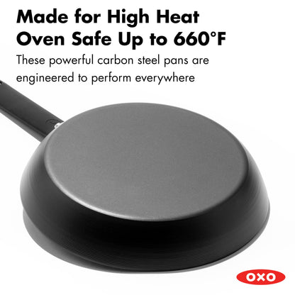 OXO Obsidian Pre-Seasoned Carbon Steel, 10" Frying Pan Skillet with Removable Silicone Handle Holder, Induction, Oven Safe, Black