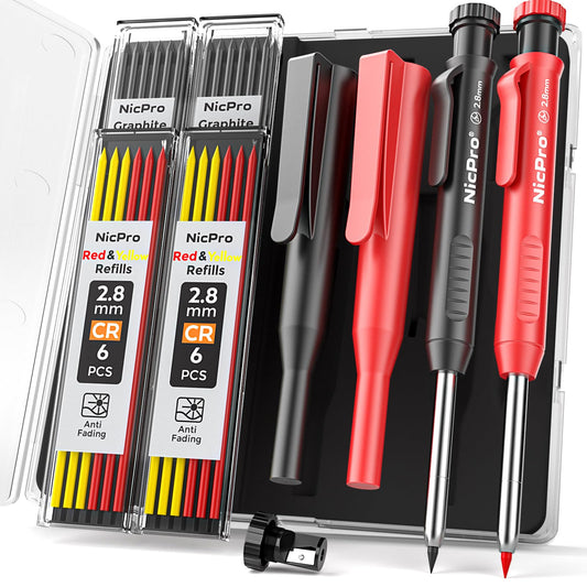 Nicpro 2Pack Carpenter Pencil with Sharpener, Mechanical Carpenter Pencils with 26 Refills (Red, Black, Yellow), Heavy Duty Construction Pencil, Woodworking Pencils for Architect