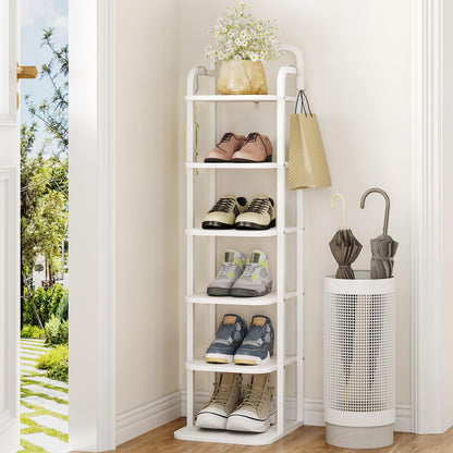 Hzuaneri 6 Tiers Vertical Shoe Rack, Narrow Shoe Tower, Tall Shoes Shelf with 2 Hooks, Adjustable Shelves, Corner Shoes Shelves for Small Spaces, Entryway, Living Room, White SR04213W