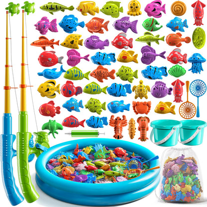 NIPLOOOW Pool Fishing Toys Games, Water Table Bathtub Toy with Inflatable Pool Pole Rod Net Plastic Floating Fish, Birthday Gifts for Kids Age 3 4 5 6 Year Old,Kids Outdoor Toys