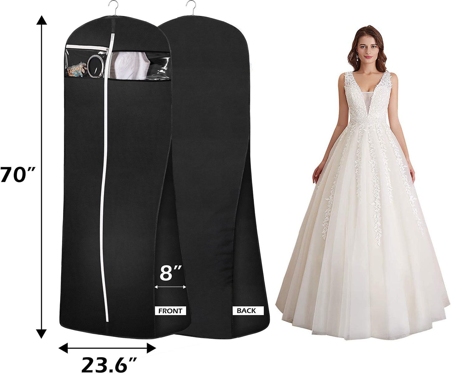 MISSLO 70" Bridal Wedding Gown Dress Garment Bag with Accessories Pouch Large Travel Garment Cover 8" Gusset (Back)