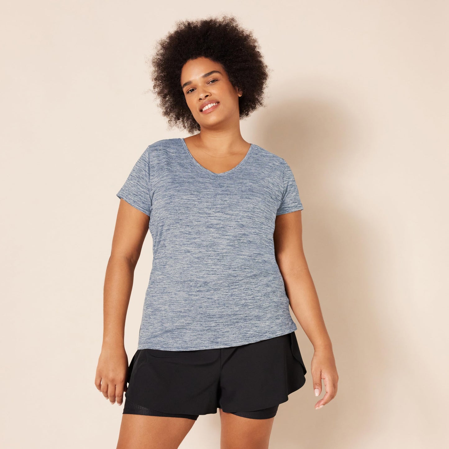 Amazon Essentials Women's Active Quick Dry Tech Stretch Short-Sleeve V-Neck T-Shirt (Available in Plus Size), Pack of 2, Black Heather/Navy Heather, Large