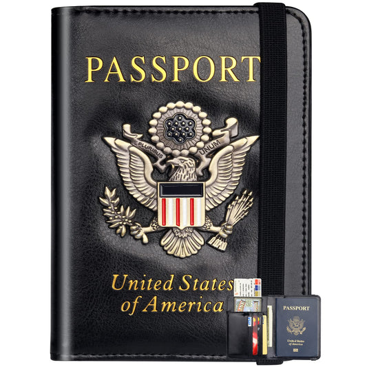 Herain Passport Holder Wallet Cover Case for Men Women Family, Metal US Badge Passport Book Holers with RFID Blocking, Travel Essentials Cruise Must Haves