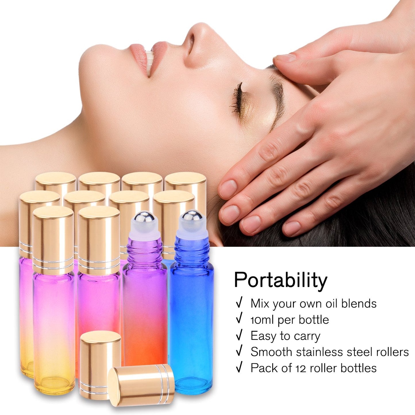PrettyCare 12 Pack, 10 ml Essential Oil Roller Bottles with Stainless Steel Roller Ball - Refillable Leak-proof Empty Thick Rainbow Glass Roll on Bottles with Metal Caps for Travel, Perfume