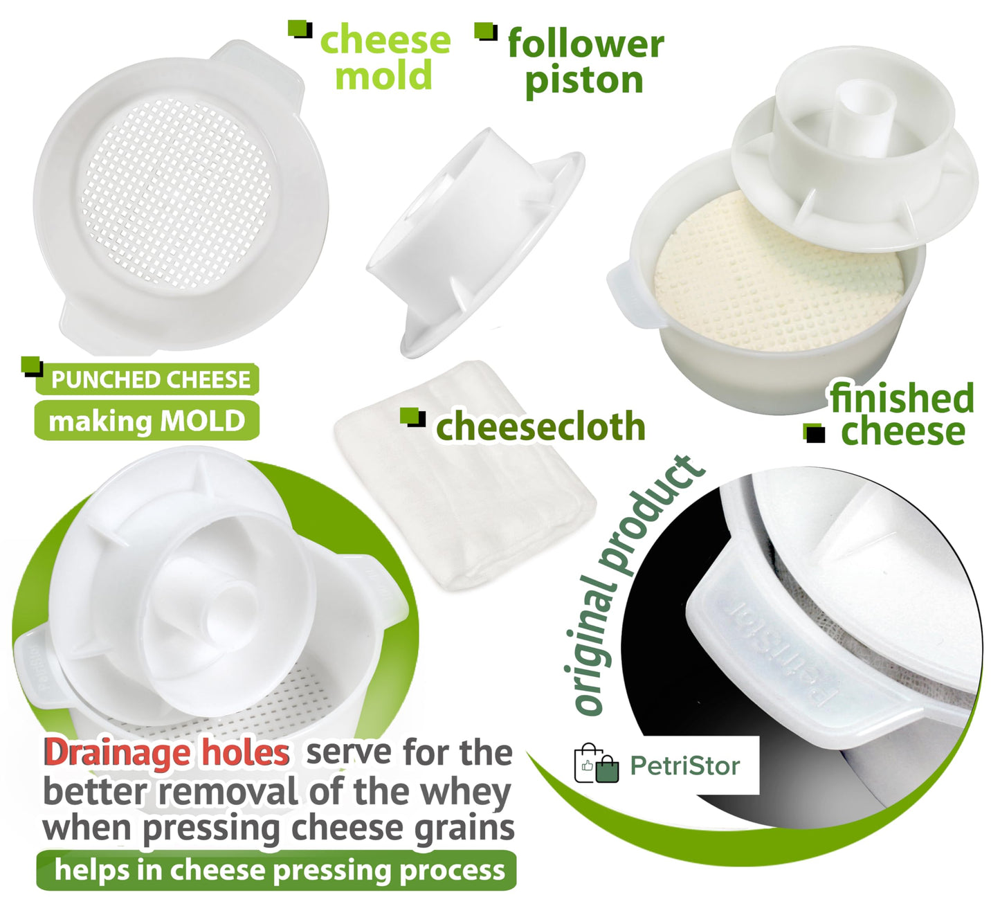 PetriStor Cheese Mold for Cheese Making Cheese with Follower Piston 1.3QT and Cheesecloth - Cheese Form Mold - Cheese Making Basket - Paneer Cheese Press Mold - Molde Para Queso