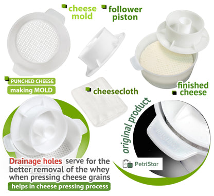 PetriStor Cheese Mold for Cheese Making Cheese with Follower Piston 1.3QT and Cheesecloth - Cheese Form Mold - Cheese Making Basket - Paneer Cheese Press Mold - Molde Para Queso
