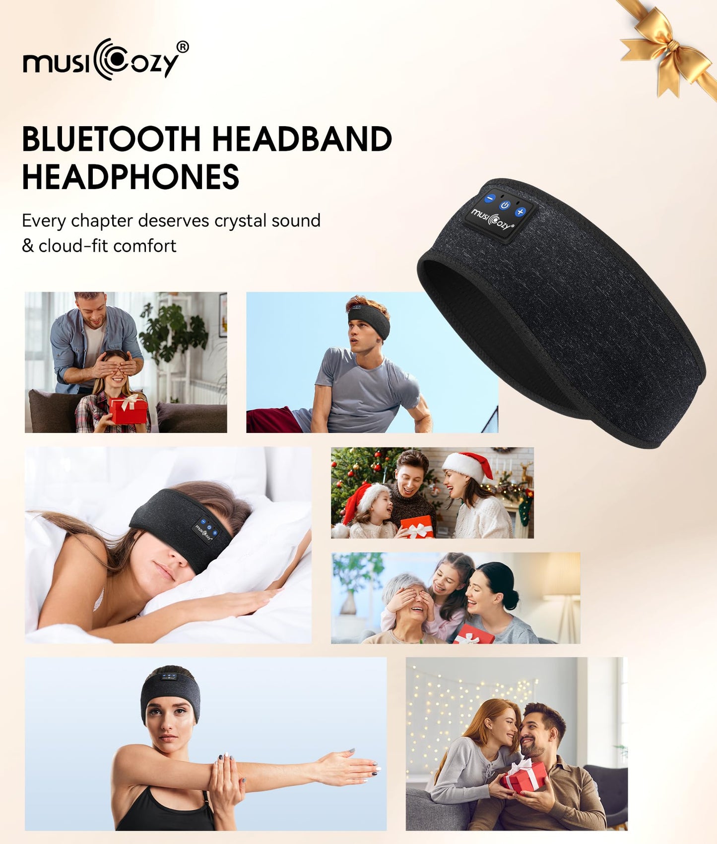 MUSICOZY Sleep Headphones Bluetooth 5.4 Headband, Wireless Earphones Music Sleep Earbuds Sleeping Eye Mask with HD Stereo Speakers for Workout Running Travel Yoga, Ideal Gifts for Women Men