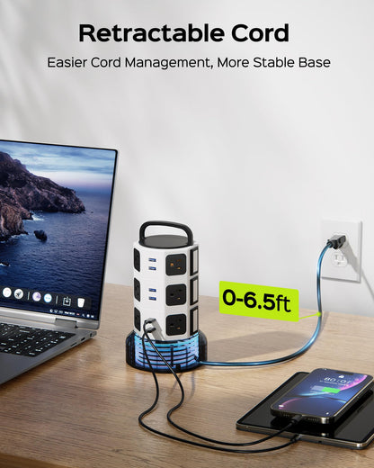 Power Strip Tower Surge Protector, JACKYLED 12 Outlets 6 USB (2 USB C) Charging Station, Extension Cord with Multiple Outlets, 1050J 1625W/13A Outlet Extender 6.5ft Extension Cord for Home Office