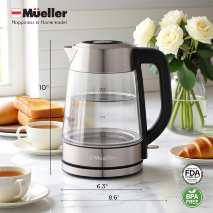 Mueller RapidBoil Electric Kettle 1.8L – Borosilicate Glass & Stainless Steel – BPA-Free Tea Kettle, LED Light, Auto Shut-Off, Boil Dry Protection Water Heater – Fast Heating, Kitchen Appliances