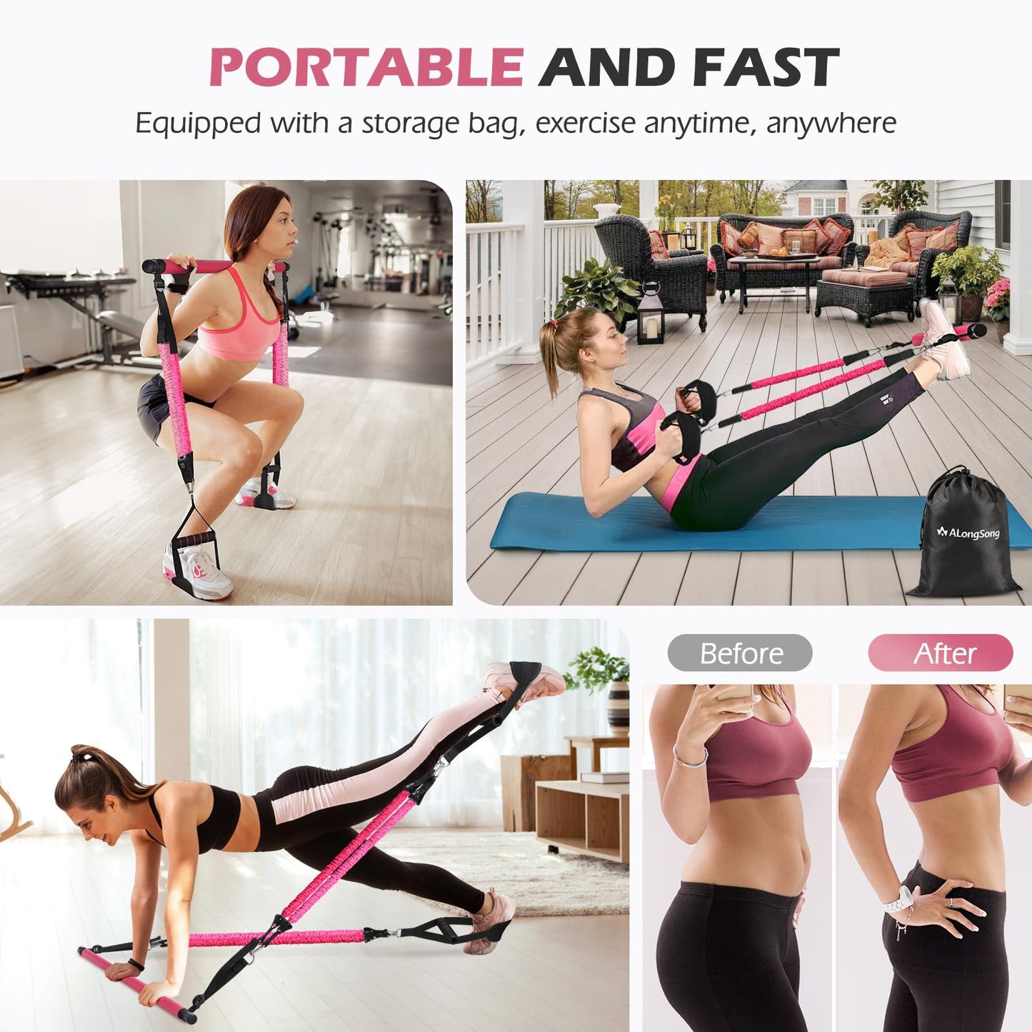 Pilates Bar Kit with Back Expander & Foam Roller, ALongSong Gym Bar Kit with 6 Latex Elastic Resistance Bands, Portable Home Workout Exercise Equipment for Home Full-Body Workouts