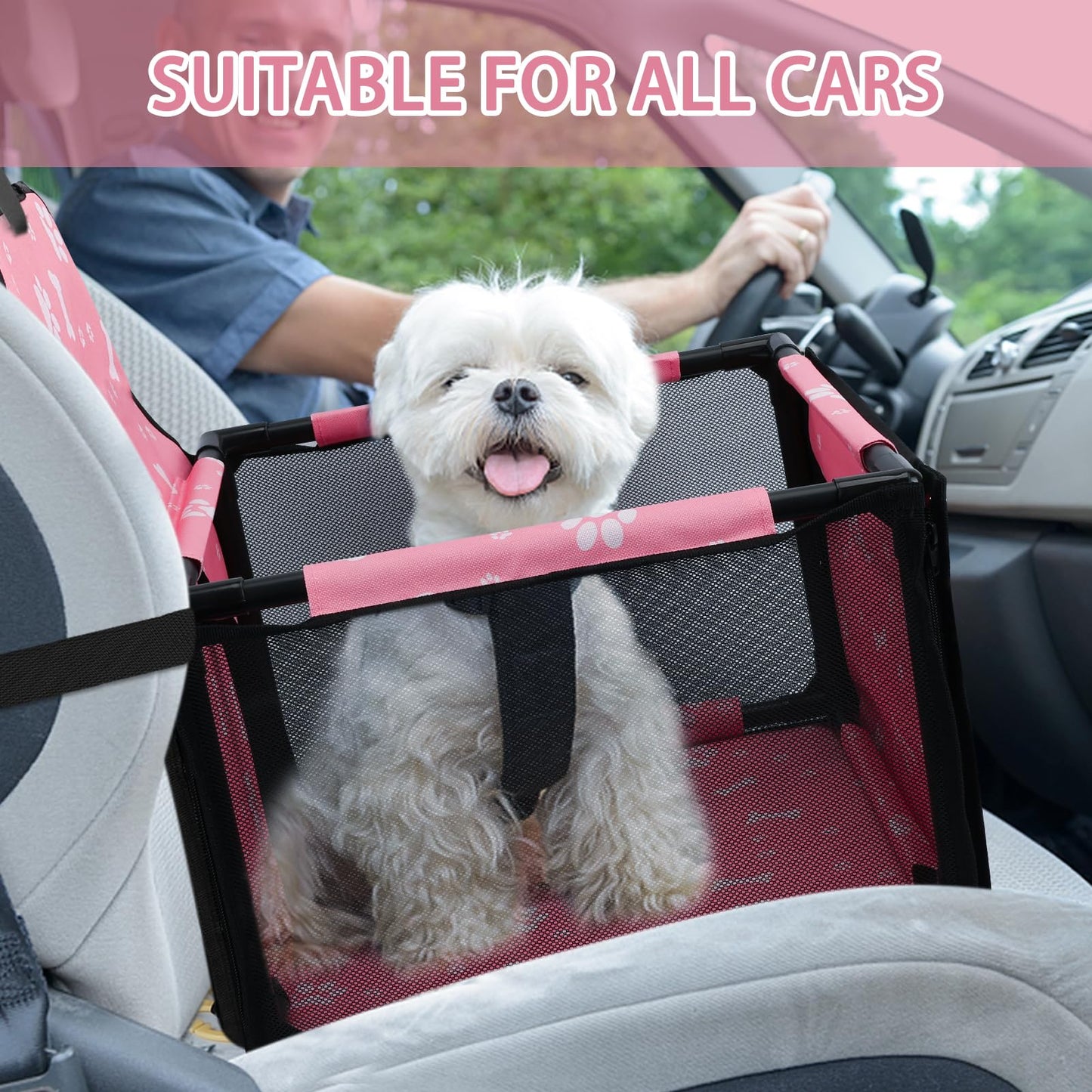 PetsHome Dog Car Seat Foldable Dog Car Booster Seat Waterproof Breathable Oxford Travel Bag for Small to Medium Dogs, Puppies, and Pets-Pattern Pink-Upgrade