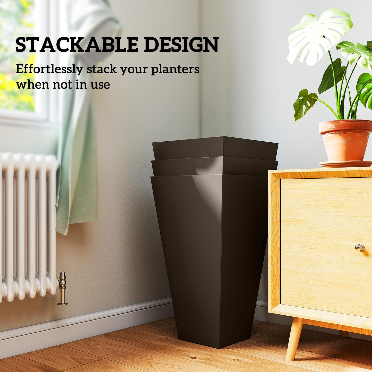 Outsunny Tall Planters for Outdoor Plants Set of 3, 28 in Taper Planters with Drainage Holes, Indoor Grande Plant Pots, Front Porch Decor, Brown