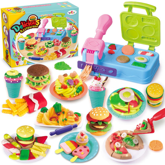 HASAYAQI Burger Barbecue Color Dough Sets,Play Food Modeling Dough Kitchen Creations Toys,21 Play Kitchen Accessories,Color Dough Set for Kids Ages 4-8, 5 Colors, Preschool Color Dough Cooking Toy