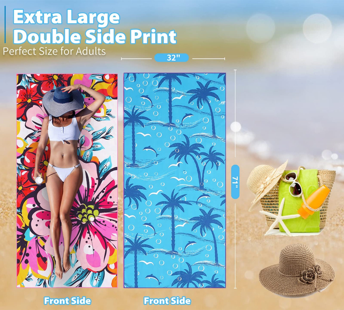 Microfiber Thin Beach Towel Lightweight 71x32 Oversized Extra Large Sand Free Towels Fast Dry for Travel Pool Camping Sports Beach Accessories Vacation Essential Gift