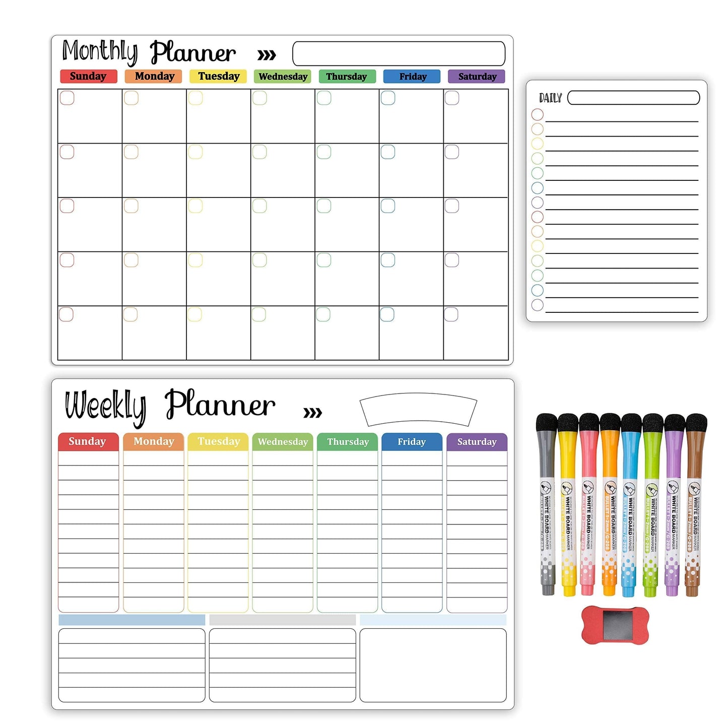 Hivillexun Magnetic Dry Erase Calendar Whiteboard Set (3-Pack) for Fridge, Wall, and Refrigerator Organization – Monthly, Weekly, and Daily Planners with 8 Markers and Eraser