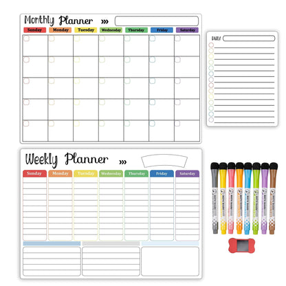 Hivillexun Magnetic Dry Erase Calendar Whiteboard Set (3-Pack) for Fridge, Wall, and Refrigerator Organization – Monthly, Weekly, and Daily Planners with 8 Markers and Eraser
