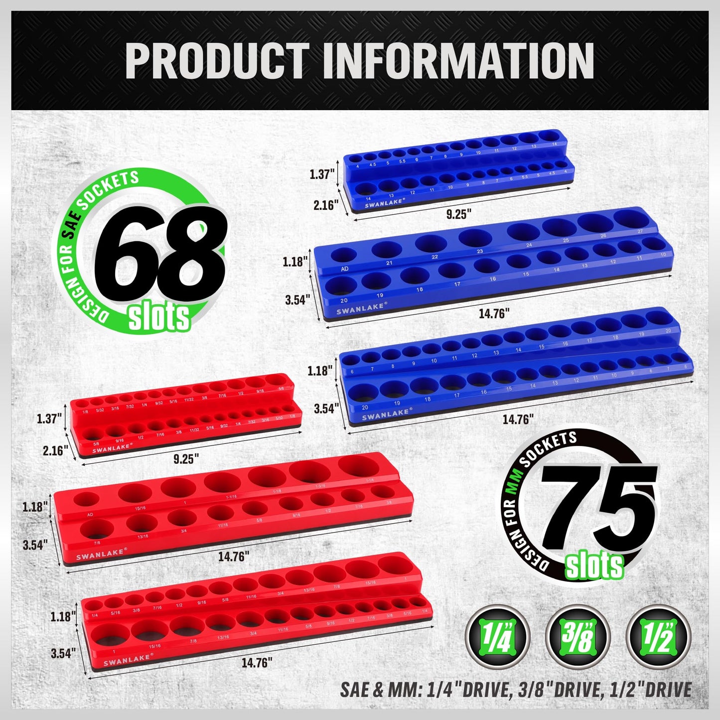 Magnetic Socket Organizer Set, 6PCS Socket Holder, 1/4", 3/8", 1/2" Sockets Holds 143 Pieces Magnetic Sockets Trays (Blue&red, 6 Pcs)