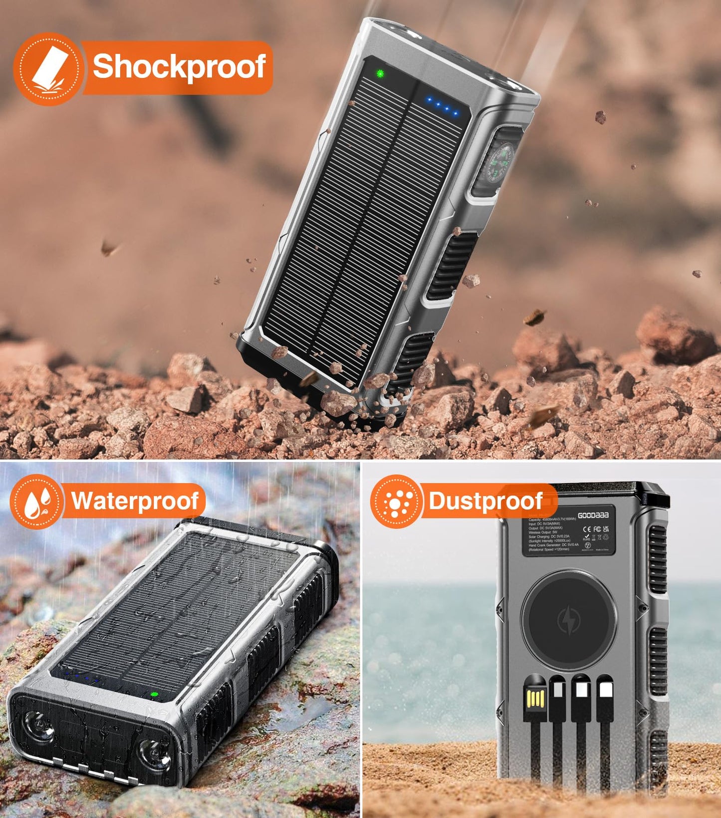 GOODaaa Power Bank Wireless Charger 45800mAh Built in Hand Crank and 4 Cables 15W Fast Charging Power Bank 7 Outputs & 4 Inputs Solar Portable Charger, SOS/Strobe/Strong Flashlights, Compass