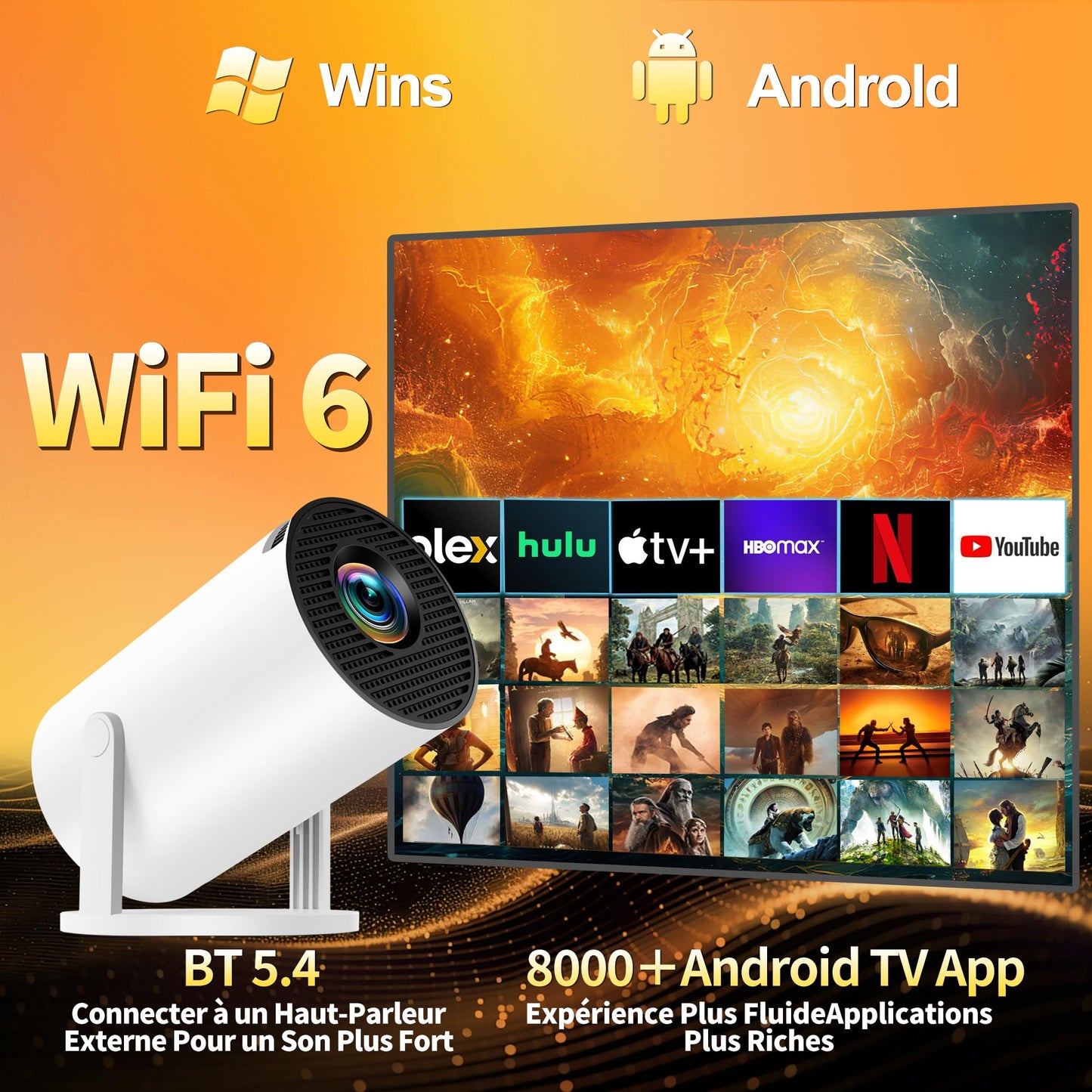 Mini Projector, Support 4K 1080P Portable Projector with Dual Band WiFi6 5G and Bluetooth 5.4, 270° Rotatable, Auto Keystone Correction, 35"-100" Video Projecto Compatible with HDMI/USB/Phone - White