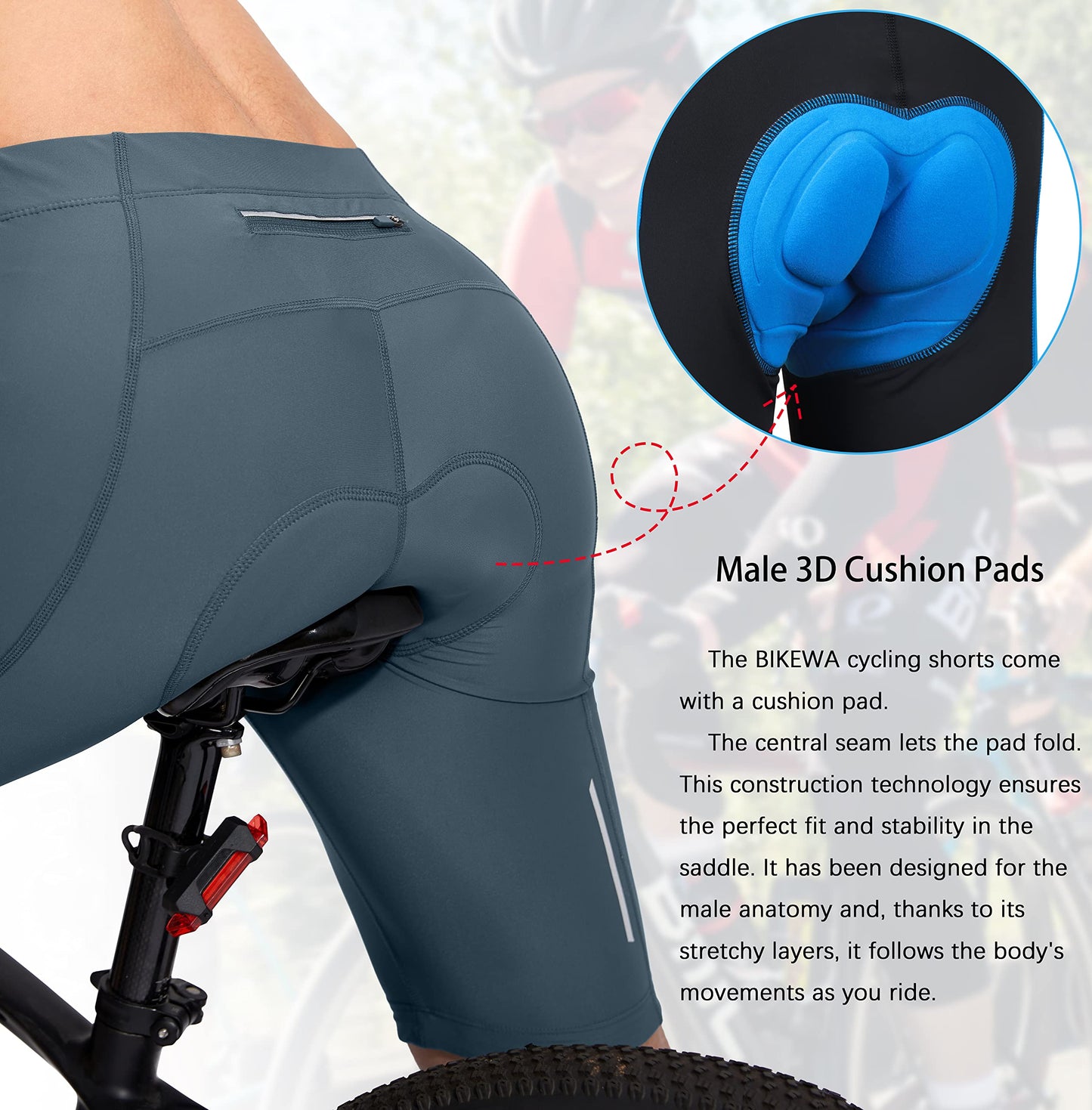 Men's Bike Shorts 3D Padded Cycling Road Biking Underwear Mountain Riding Biker Bicycle UPF 50+ Cycle Shorts Zipper Pockets(Blue Grey,M)