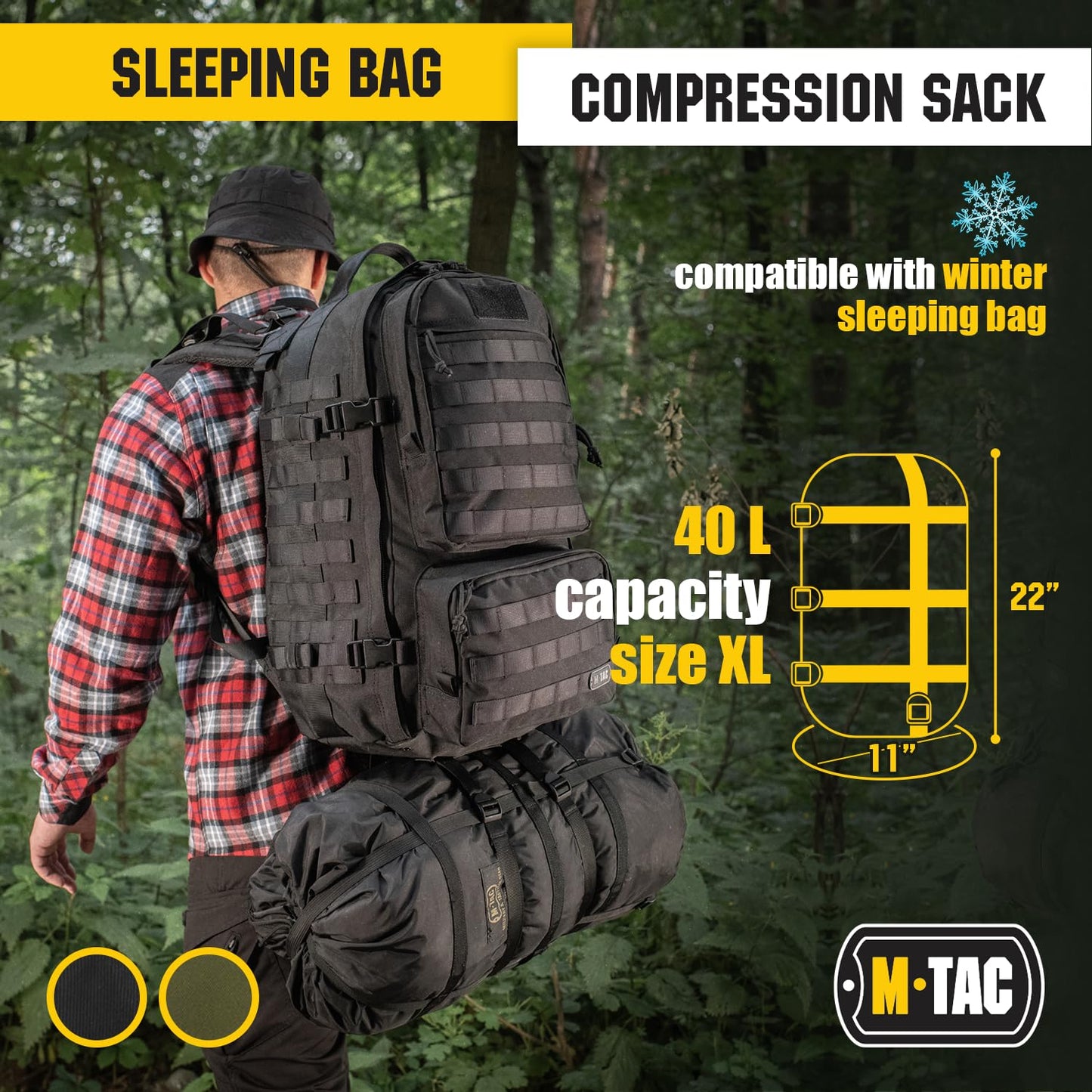 M-Tac Compression Stuff Sack for Sleeping Bag Military Water Resistant Compression Bag Lightweight Nylon Compression Sack for Travel, Camping, Hiking, Outdoor (Black, XL - 40 liters)