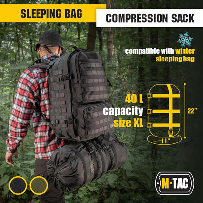 M-Tac Compression Stuff Sack for Sleeping Bag Military Water Resistant Compression Bag Lightweight Nylon Compression Sack for Travel, Camping, Hiking, Outdoor (Black, XL - 40 liters)