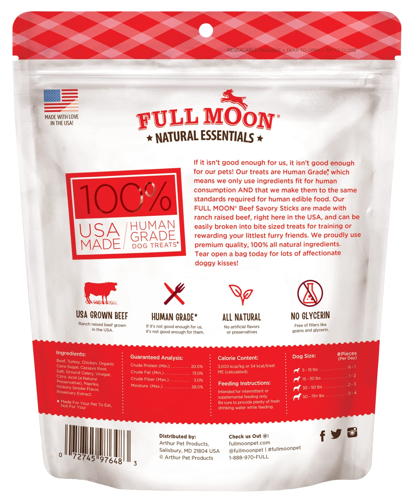 Full Moon All Natural Human Grade Dog Treats, Essential Beef Savory Sticks, 14 Ounce