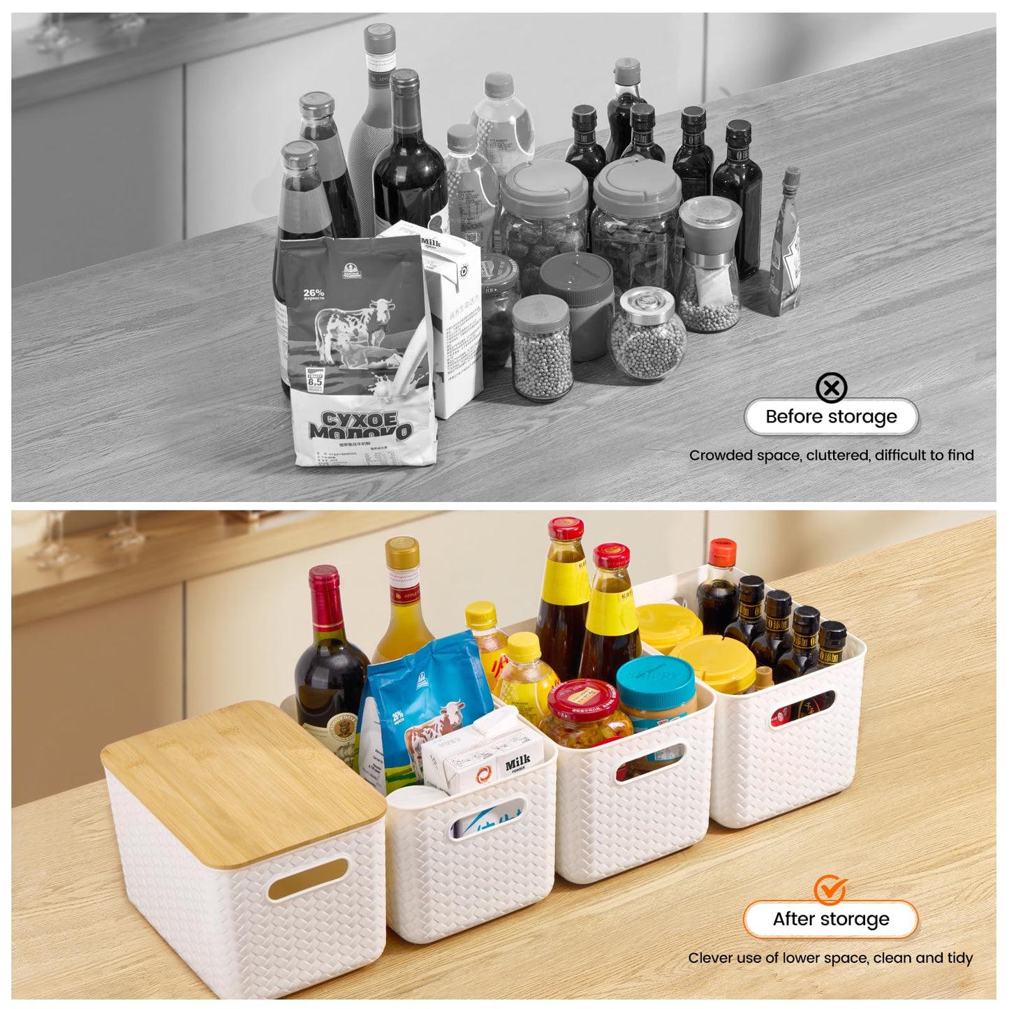 Ohmlove 4 Packs Storage Bins with Bamboo Lids - Plastic Storage Containers with Lids Stackable Storage Box：Storages Baskets for Organizing Desktop Closet Playroom Classroom Office,White