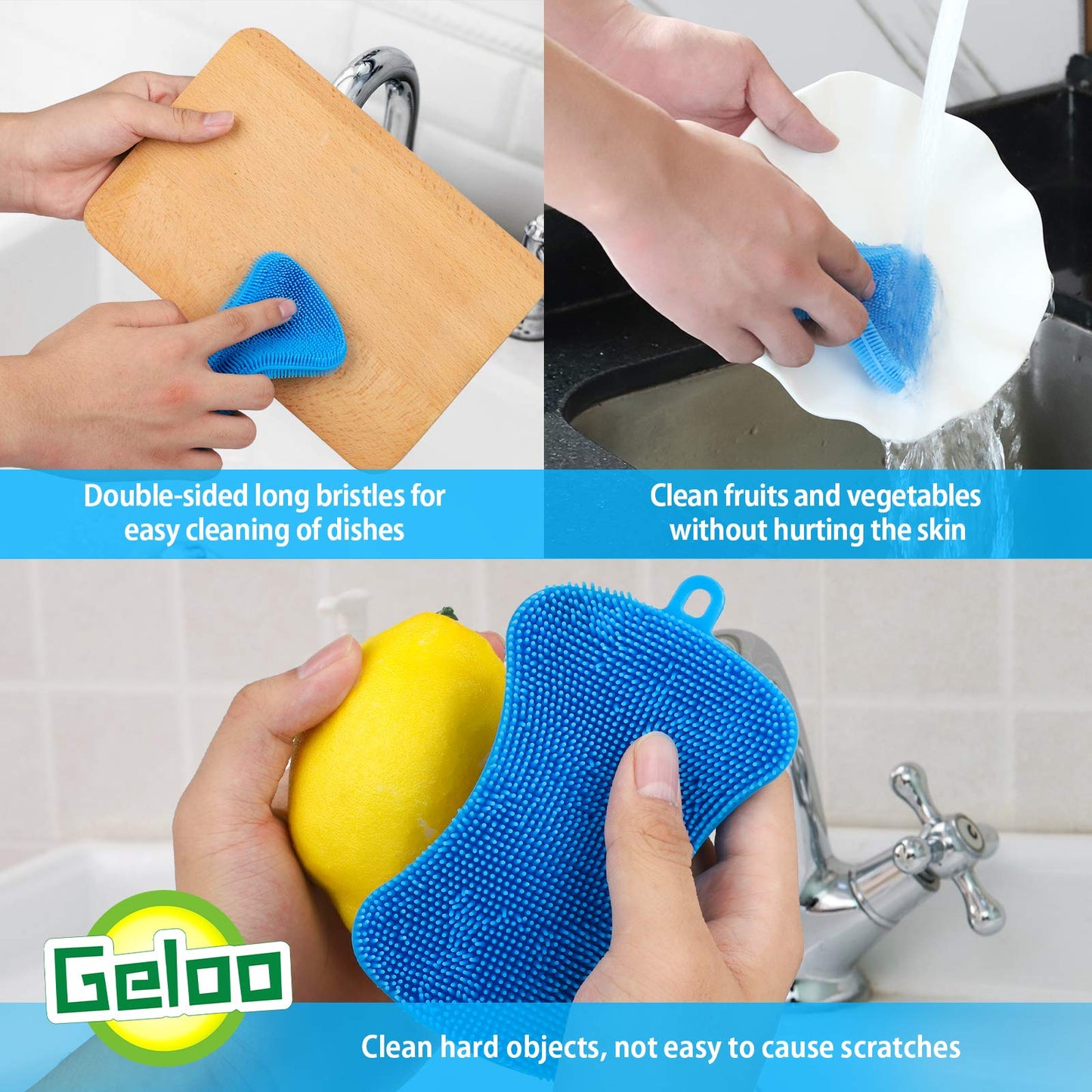 Geloo.Silicone Sponge Dish Brush, Double Sided Cleaning Brush for Dishes, Kitchen Gadgets and Accessories (3 Pack)