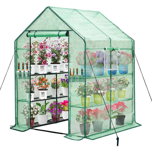 Purlyu Walk-in Greenhouse w/ Roll-Up Zipper Door & Screen Windows-3 Tiers 12 Shelves 56x56x76“ PE Greenhouse for Outdoor Gardening Plants Cold Frost Protection Wind Rain Proof(PLGHW002G-N)