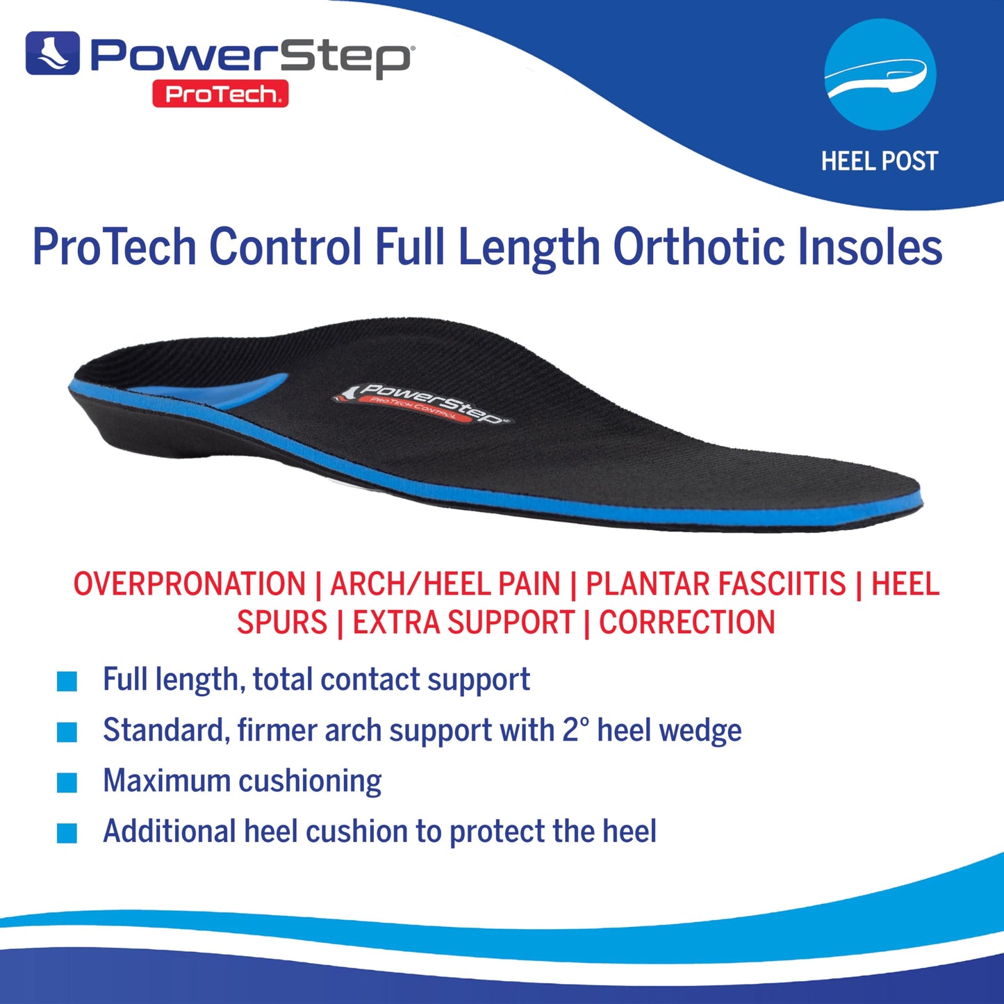 PowerStep ProTech Control Orthotic Insoles - Medical Grade Arch Support Inserts for Plantar Fasciitis Relief- Made in USA - Maximum Cushioning + ShockAbsorb Orthotic (M 10-10.5 W 12)