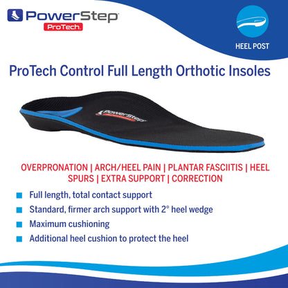 PowerStep ProTech Control Orthotic Insoles - Medical Grade Arch Support Inserts for Plantar Fasciitis Relief- Made in USA - Maximum Cushioning + ShockAbsorb Orthotic (M 10-10.5 W 12)