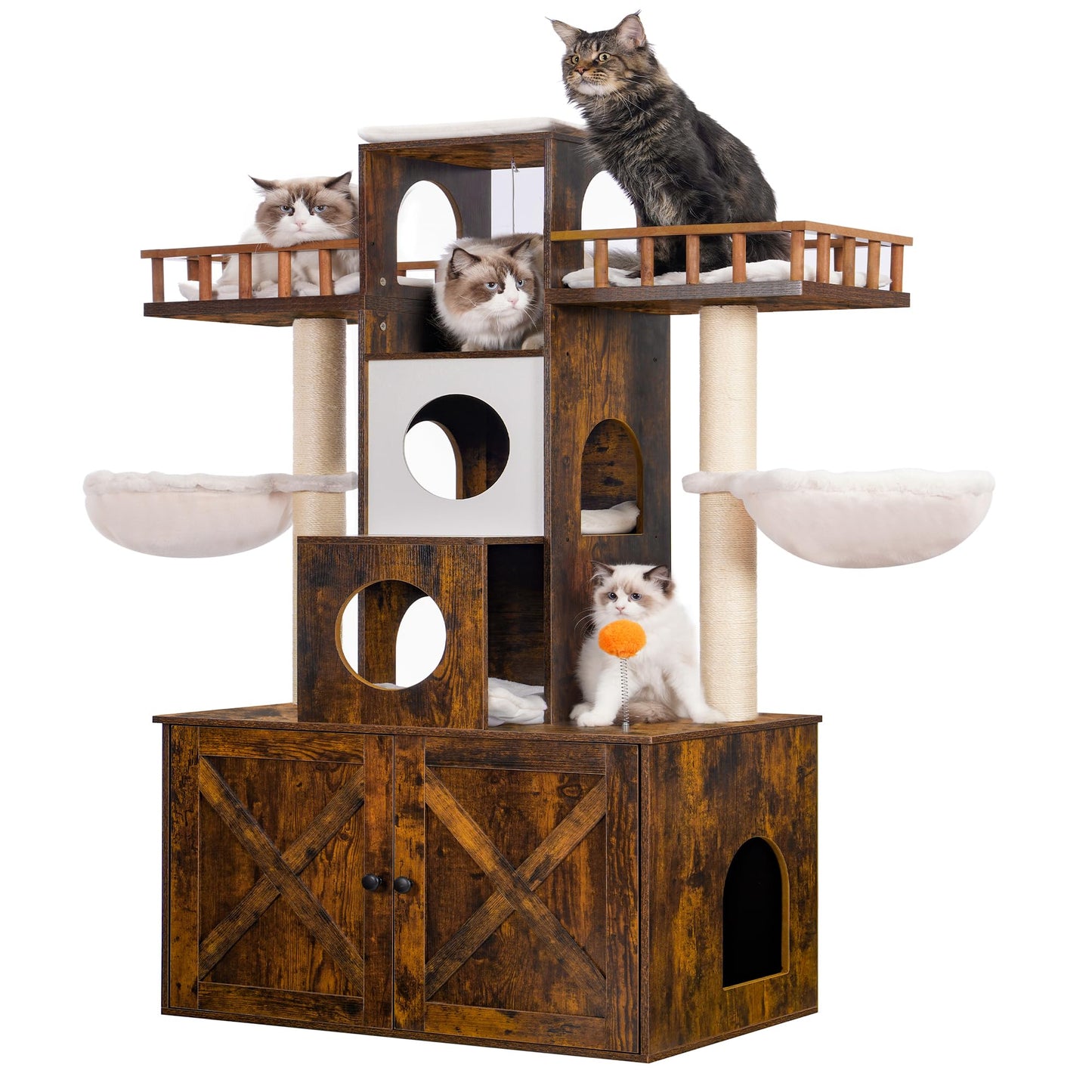 Heybly Cat Tree with Litter Box Enclosure for Indoor Big Cat, Cat Tower for Large Cats 20lbs Heavy Duty, Modern Cat Condo Furniture with Scratching Posts, Rustic Brown HCT110SR